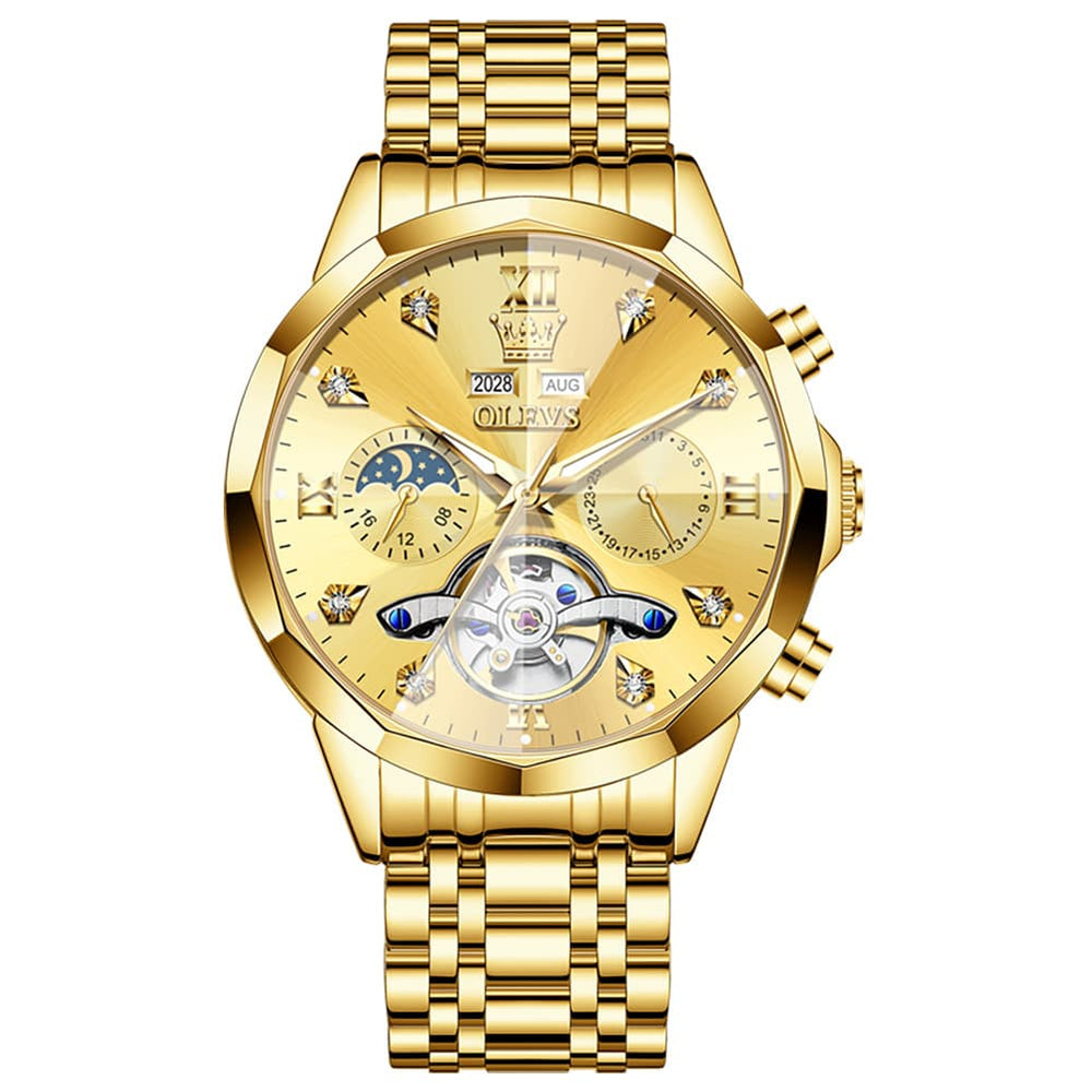 OLEVS 6621 3D Faceted Mirror Mechanical Watch for Men - All Gold Watch | Olevs Watch Store