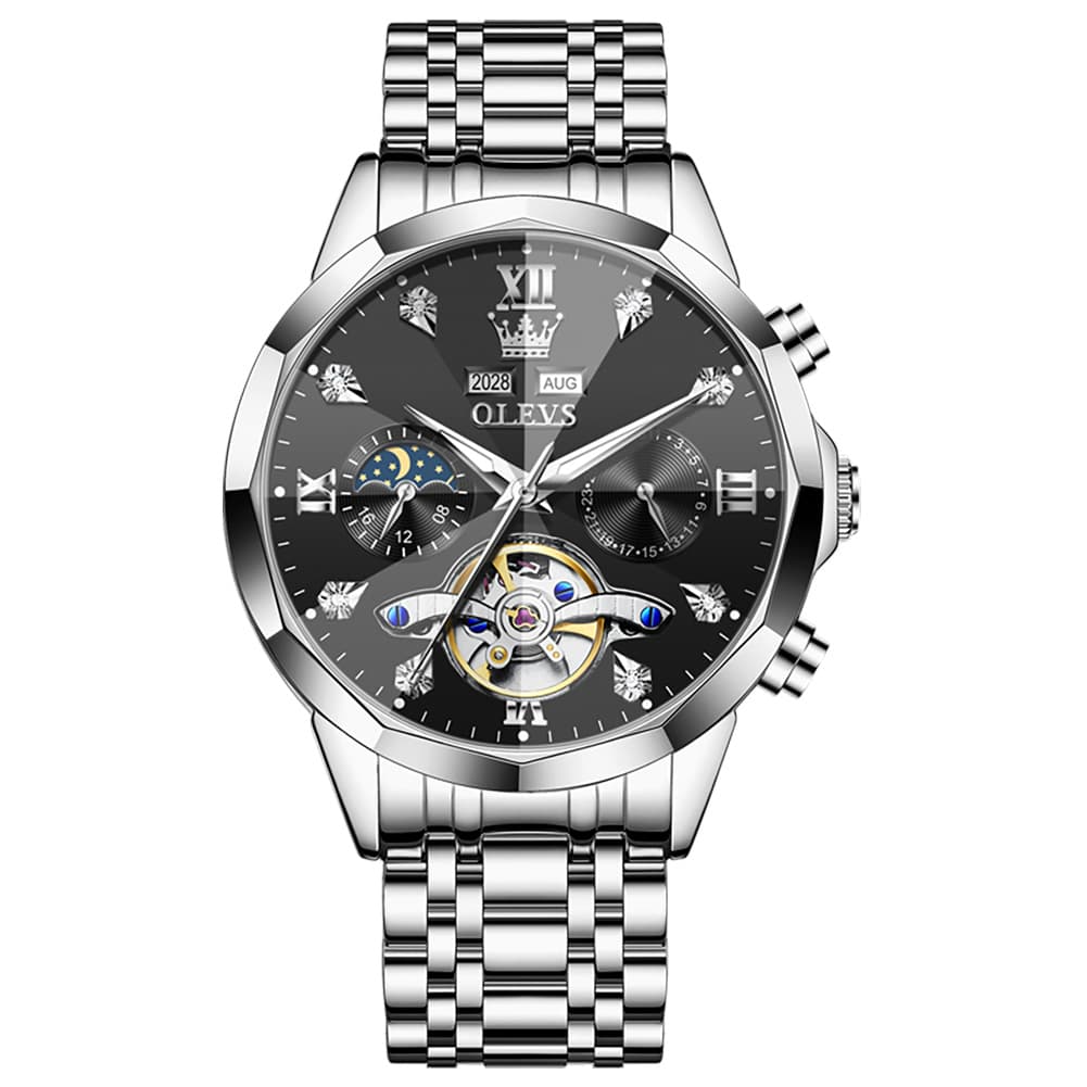 OLEVS 6621 3D Faceted Mirror Mechanical Watch for Men - Silver Black Watch | Olevs Watch Store