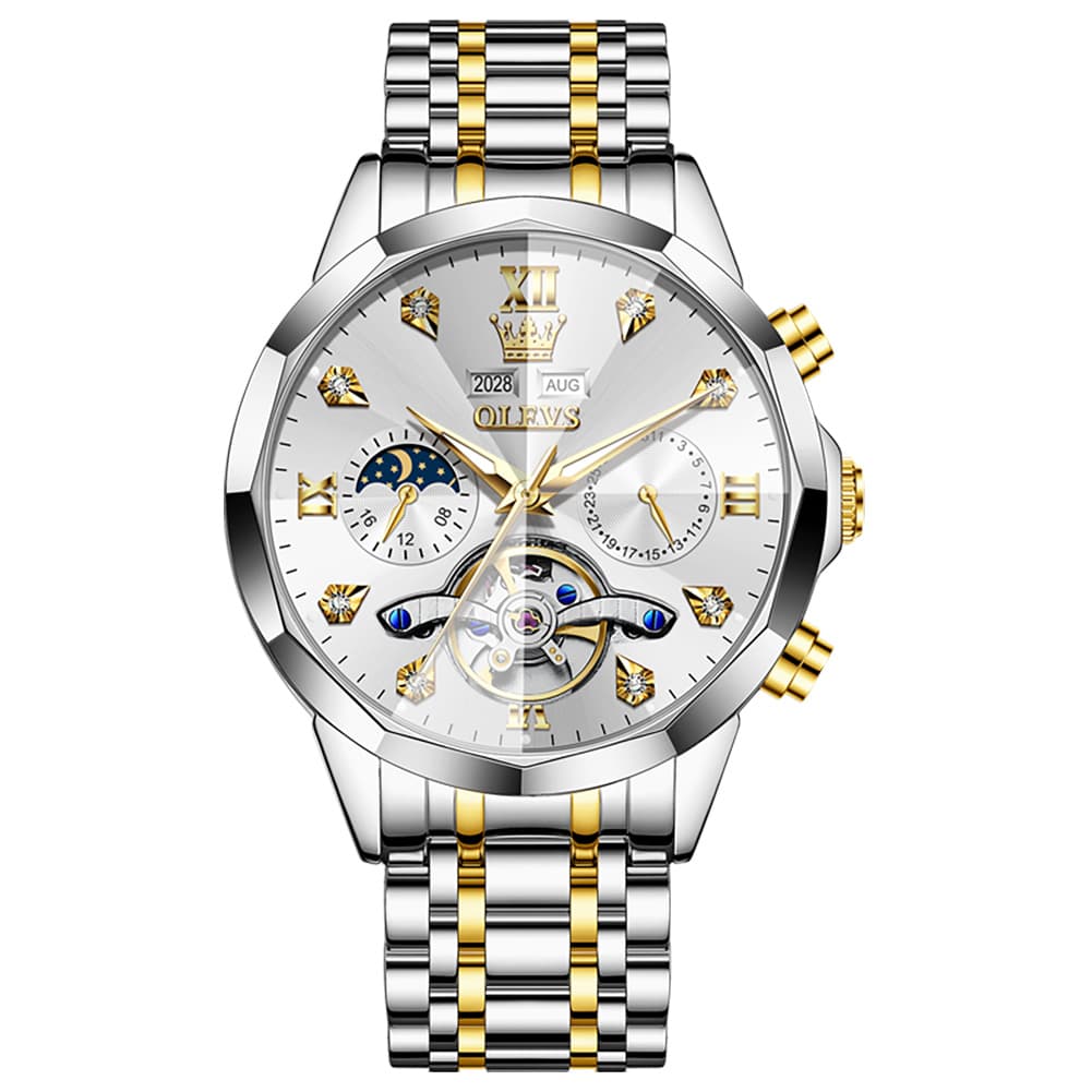 OLEVS 6621 3D Faceted Mirror Mechanical Watch for Men - Two Tone White Watch | Olevs Watch Store