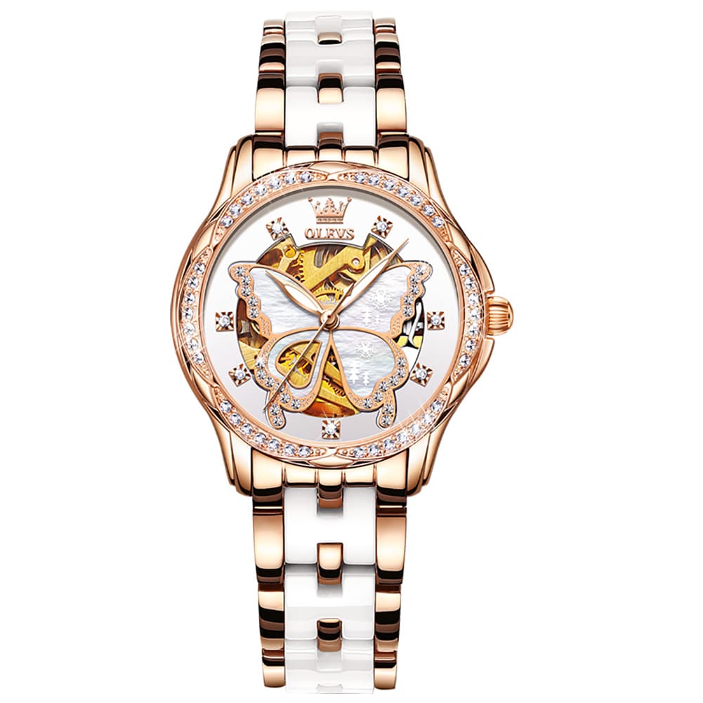 OLEVS 6622 Butterfly Skeleton Mechanical Watch for Women - White Ceramic Watch | Olevs Watch Store