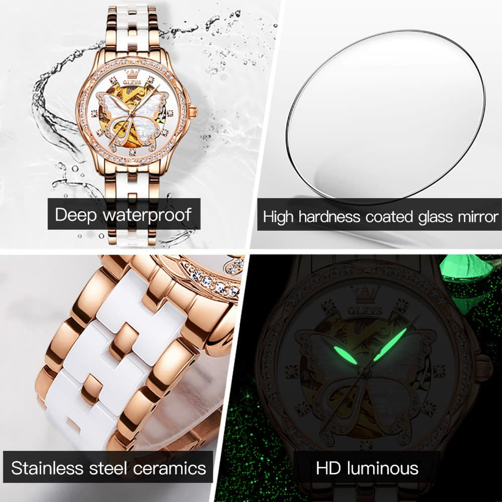 OLEVS 6622 Butterfly Skeleton Mechanical Watch for Women - White Leather Watch | Olevs Watch Store