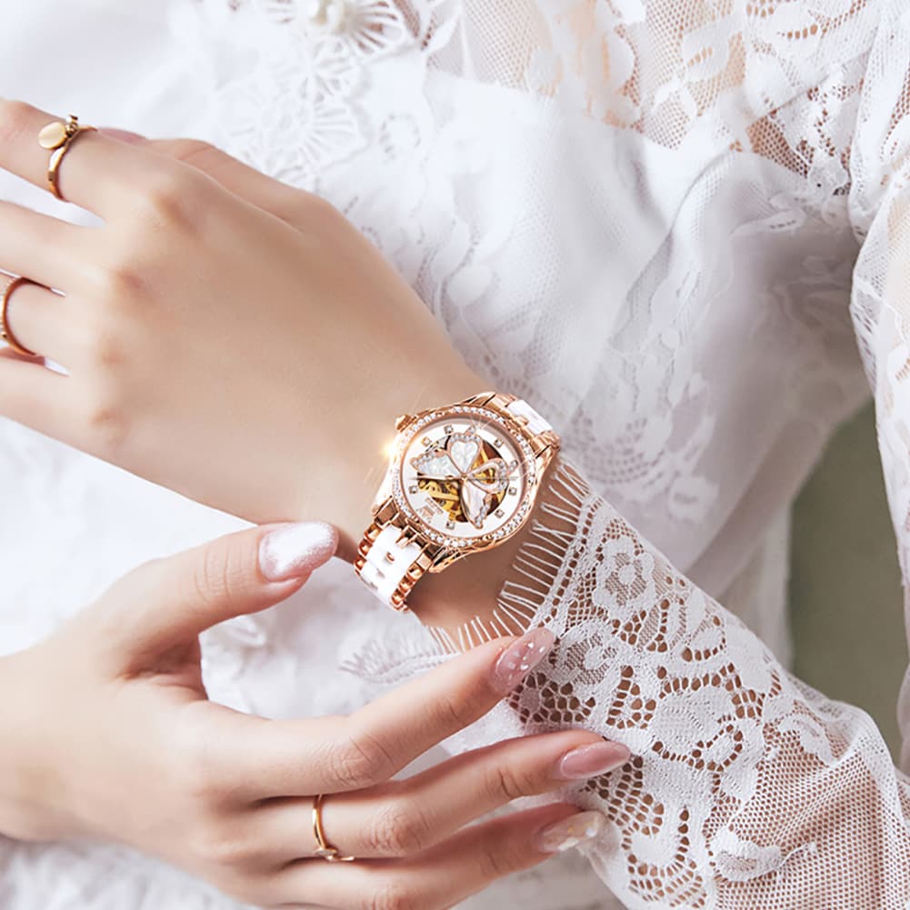 OLEVS 6622 Butterfly Skeleton Mechanical Watch for Women - White Leather Watch | Olevs Watch Store