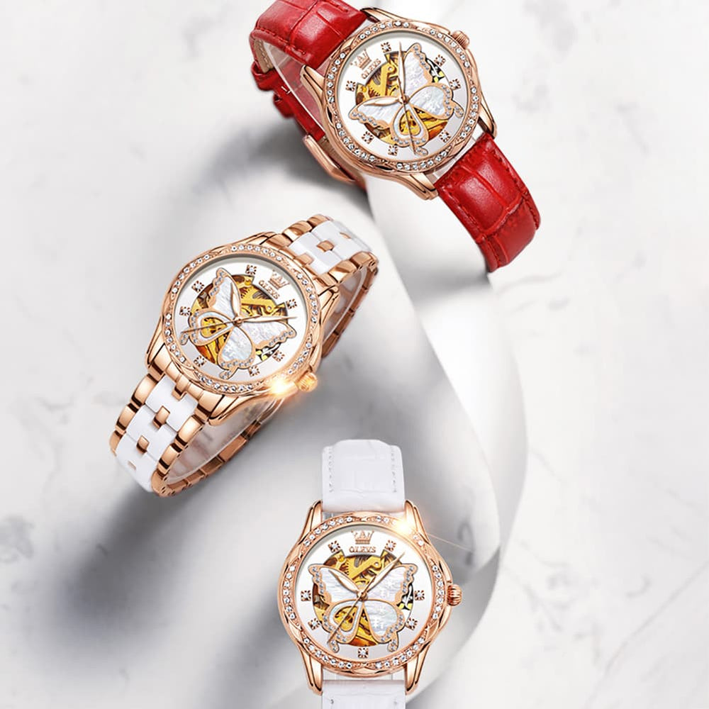OLEVS 6622 Butterfly Skeleton Mechanical Watch for Women - White Leather Watch | Olevs Watch Store