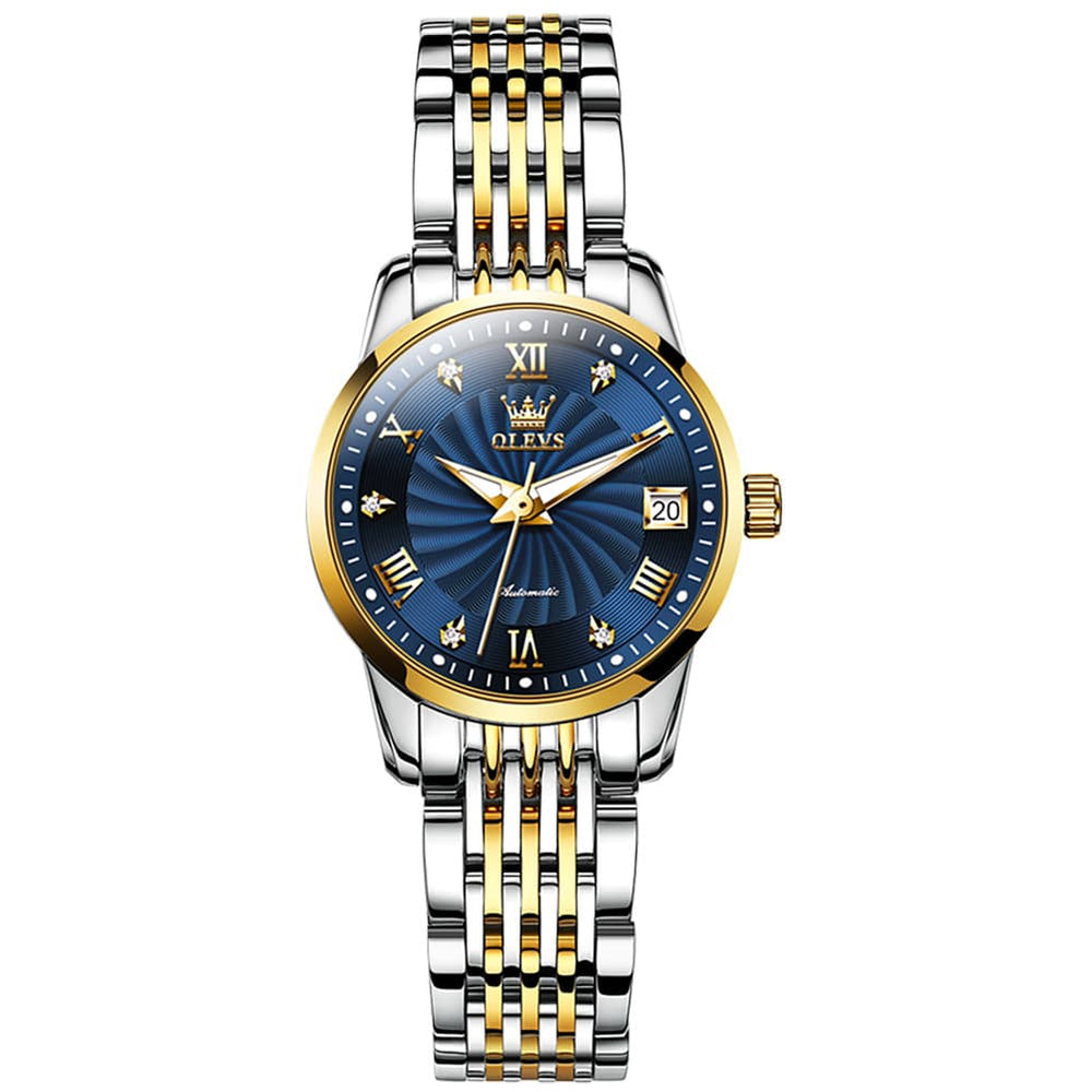 OLEVS 6630 Petite Sunburst Mechanical Watch for Women - Two Tone Blue Watch | Olevs Watch Store