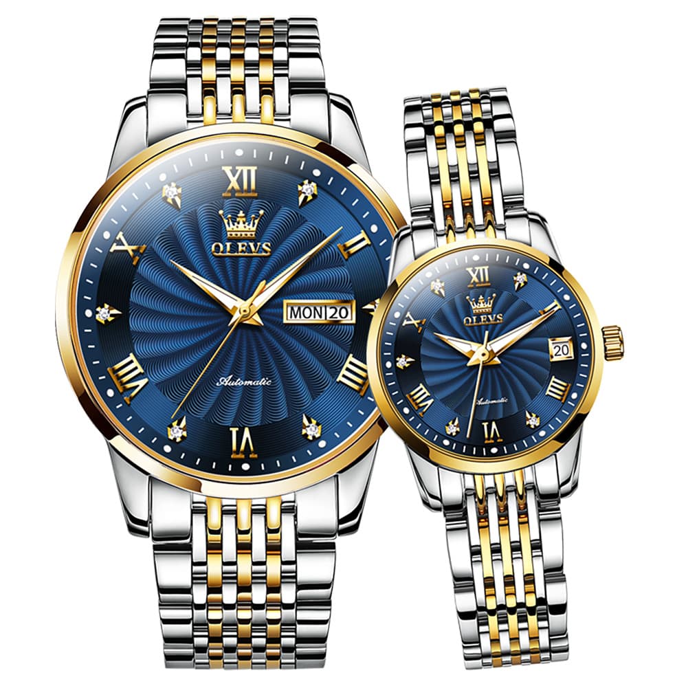 OLEVS 6630 Sunburst Mechanical Couple Watches Set - Two Tone Blue Watch | Olevs Watch Store