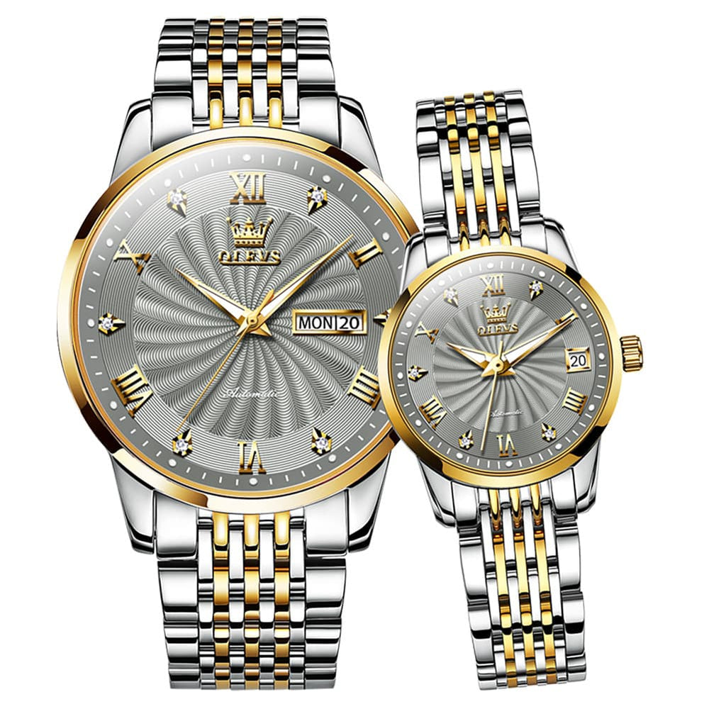 OLEVS 6630 Sunburst Mechanical Couple Watches Set - Two Tone Gray Watch | Olevs Watch Store