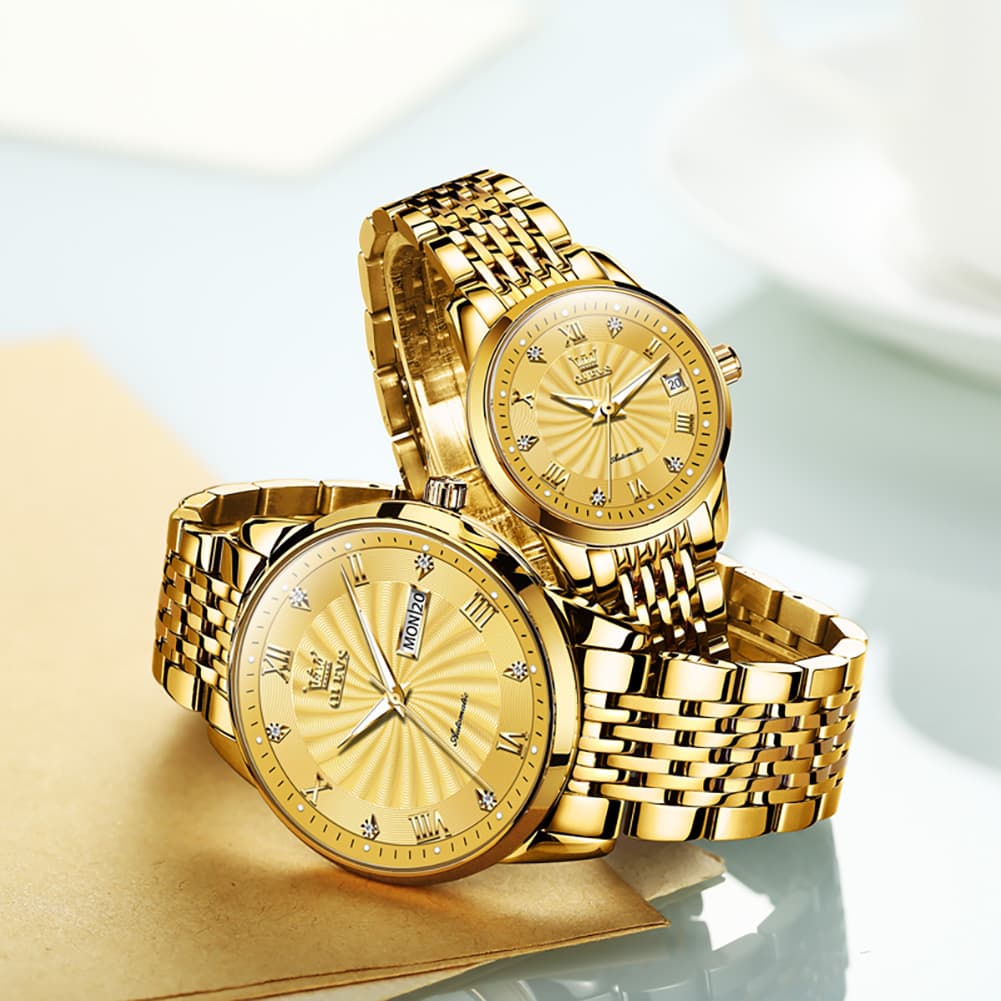 OLEVS 6630 Sunburst Mechanical Couple Watches Set - Two Tone White Watch | Olevs Watch Store