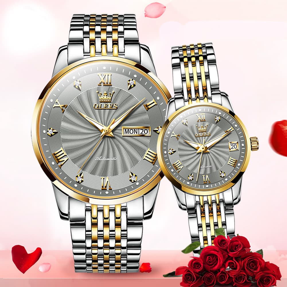 OLEVS 6630 Sunburst Mechanical Couple Watches Set - Two Tone White Watch | Olevs Watch Store