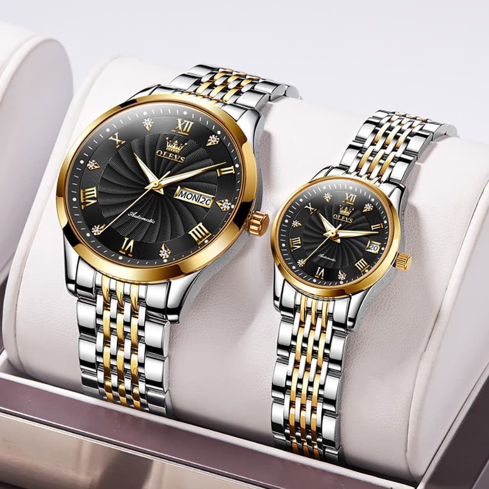 OLEVS 6630 Sunburst Mechanical Couple Watches Set - Two Tone White Watch | Olevs Watch Store