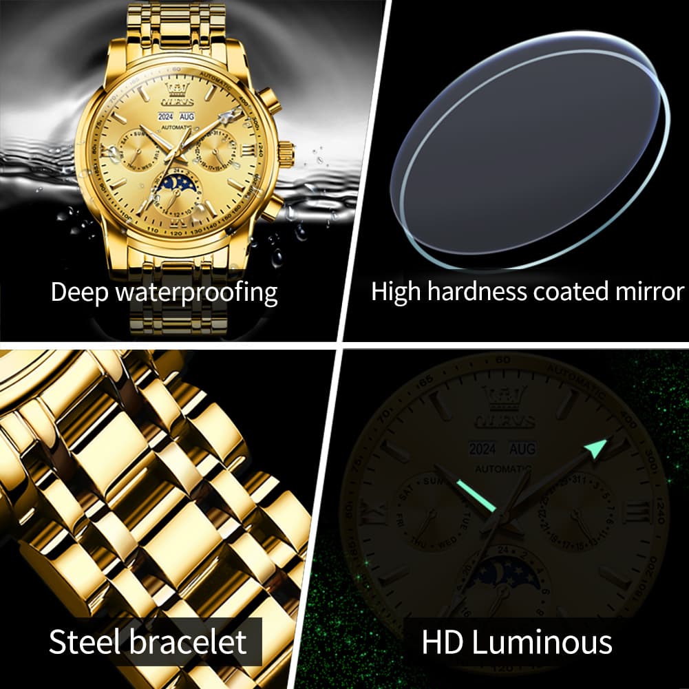 OLEVS 6633 Stainless Steel Mechanical Moon Phase Watch for Men - All Black Watch | Olevs Watch Store