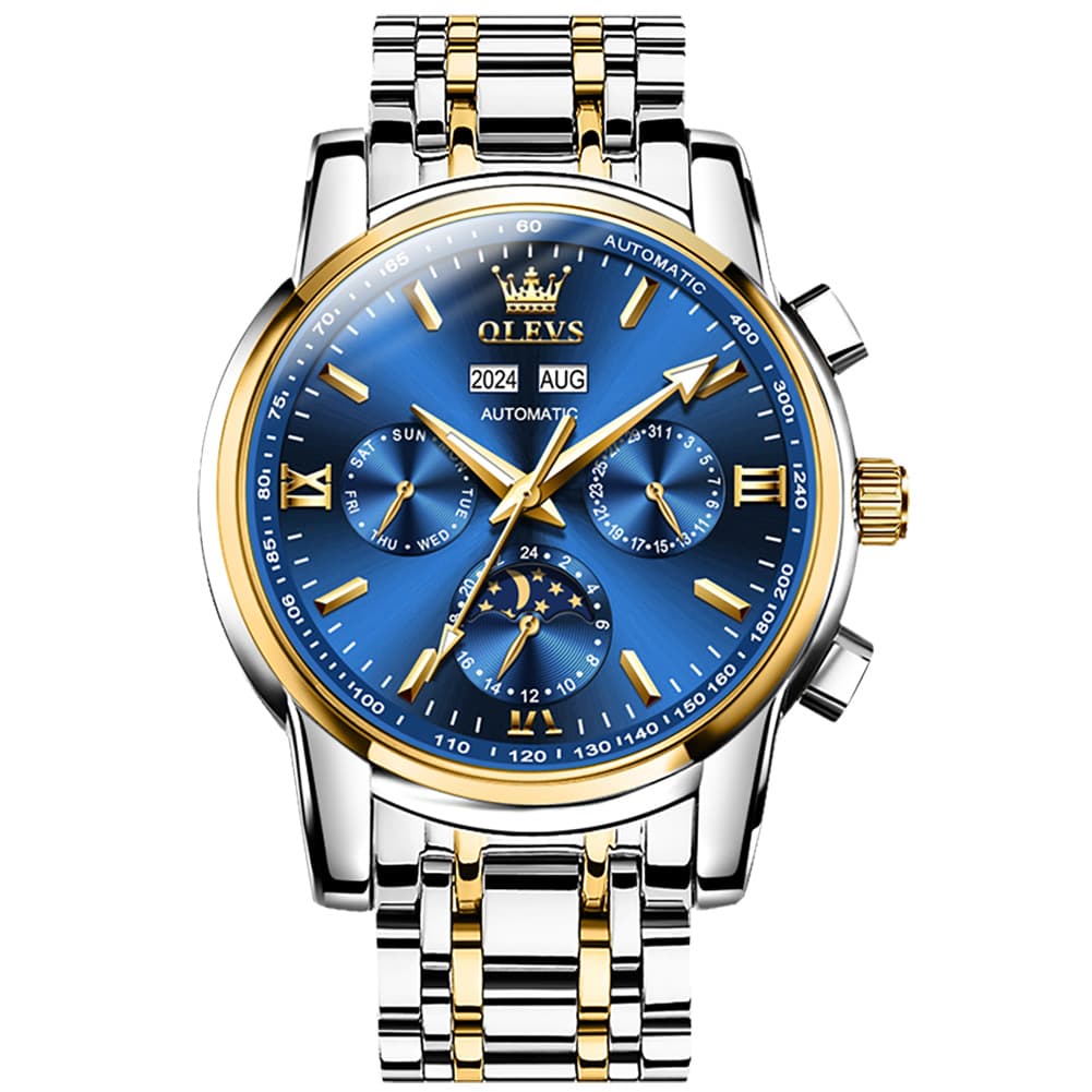 OLEVS 6633 Stainless Steel Mechanical Moon Phase Watch for Men - Two-Tone Blue Watch | Olevs Watch Store