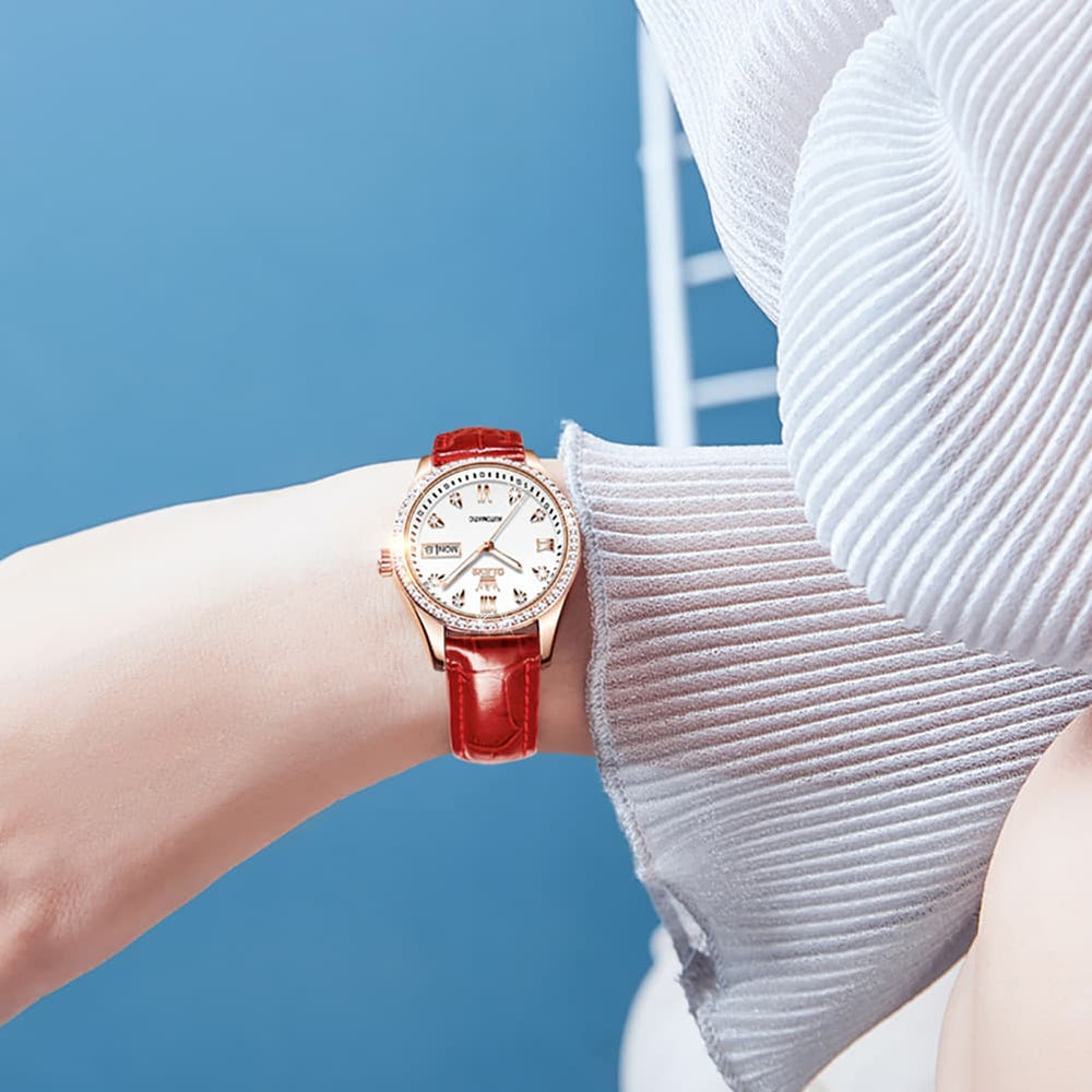 OLEVS 6637 Ceramic Automatic Mechanical Watch for Women - Leather Red Watch | Olevs Watch Store