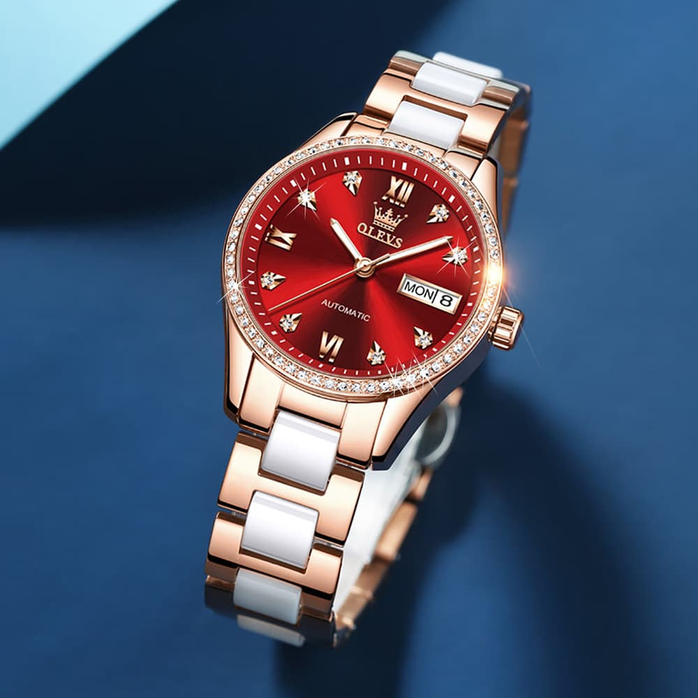 OLEVS 6637 Ceramic Automatic Mechanical Watch for Women - Leather Red Watch | Olevs Watch Store