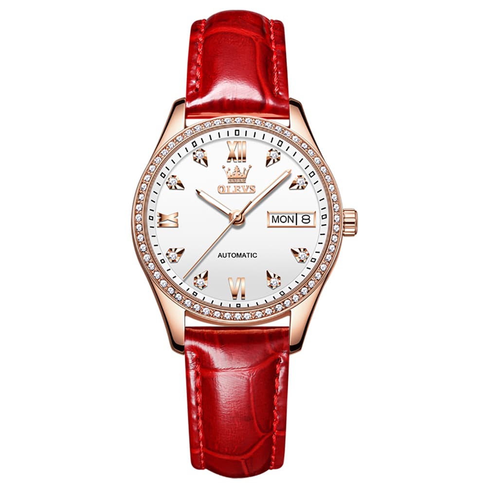OLEVS 6637 Ceramic Automatic Mechanical Watch for Women - Leather Red Watch | Olevs Watch Store