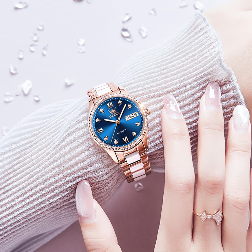 OLEVS 6637 Ceramic Automatic Mechanical Watch for Women - Leather Red Watch | Olevs Watch Store