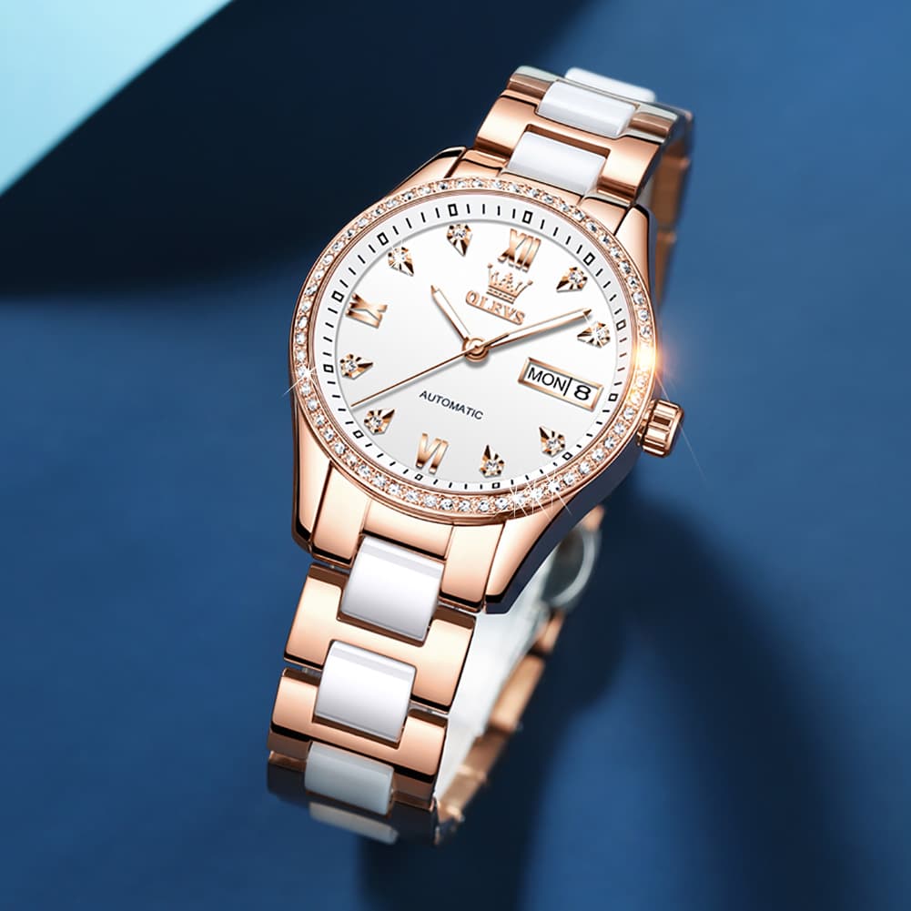 OLEVS 6637 Ceramic Automatic Mechanical Watch for Women - Leather Red Watch | Olevs Watch Store