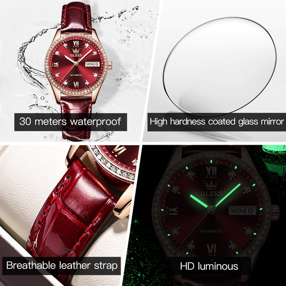 OLEVS 6637 Ceramic Automatic Mechanical Watch for Women - Leather Red Watch | Olevs Watch Store