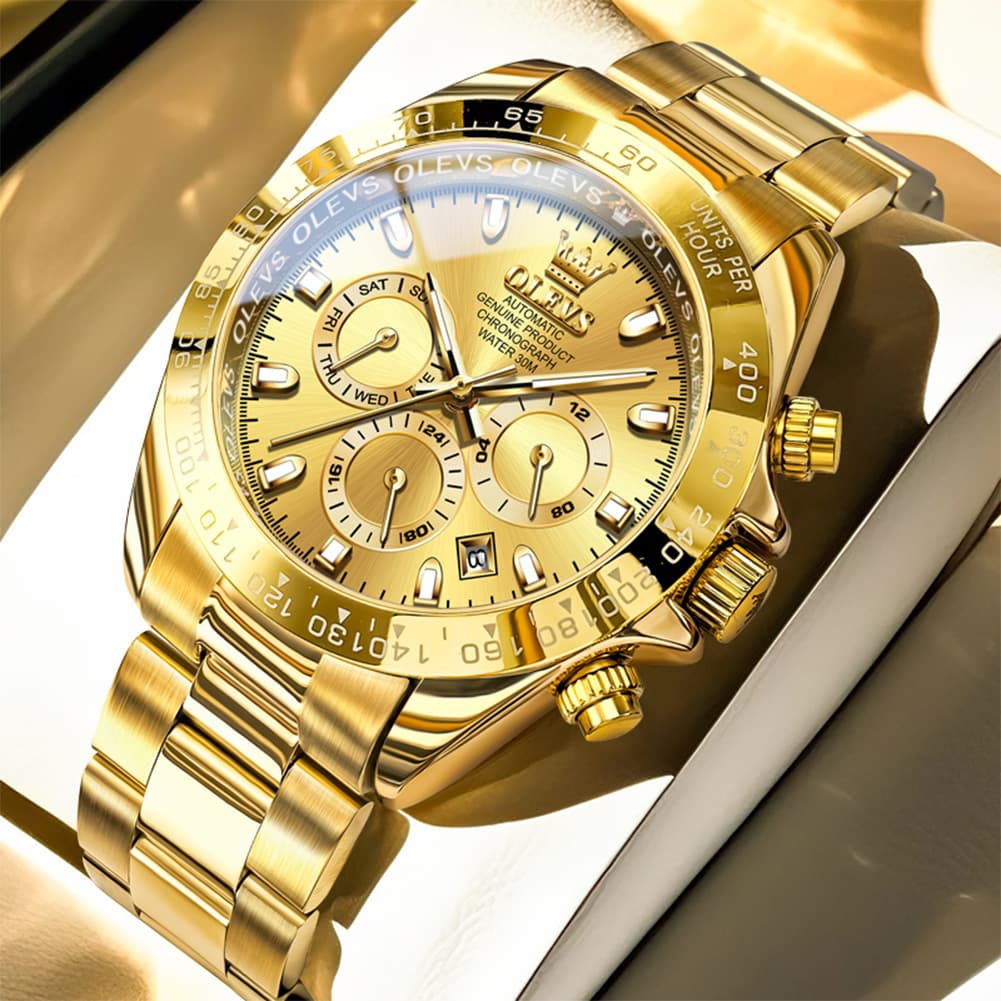 OLEVS 6638 Stainless Steel Chronograph Tachymeter Watch for Men - Gold Blue Watch | Olevs Watch Store