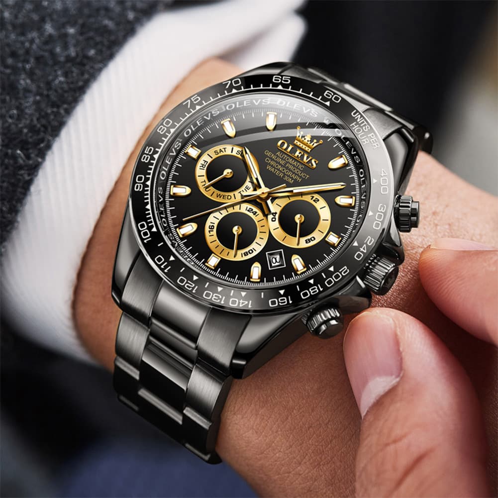 OLEVS 6638 Stainless Steel Chronograph Tachymeter Watch for Men - Gold Blue Watch | Olevs Watch Store
