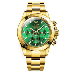 OLEVS 6638 Stainless Steel Chronograph Tachymeter Watch for Men - Gold Green Watch | Olevs Watch Store