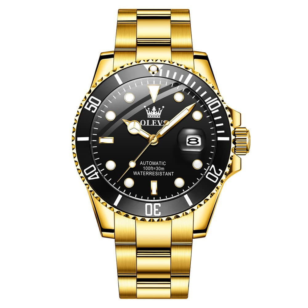 OLEVS 6650 Stainless Steel Mechanical Dive Watch for Men - Gold Black Watch | Olevs Watch Store