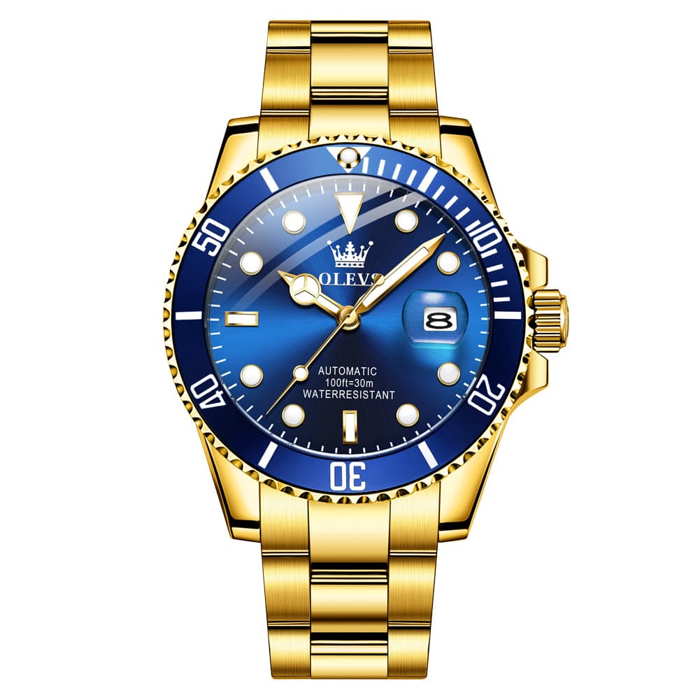 OLEVS 6650 Stainless Steel Mechanical Dive Watch for Men - Gold Blue Watch | Olevs Watch Store