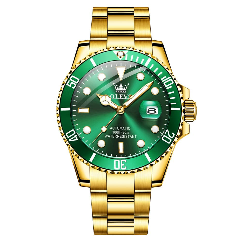 OLEVS 6650 Stainless Steel Mechanical Dive Watch for Men - Gold Green Watch | Olevs Watch Store
