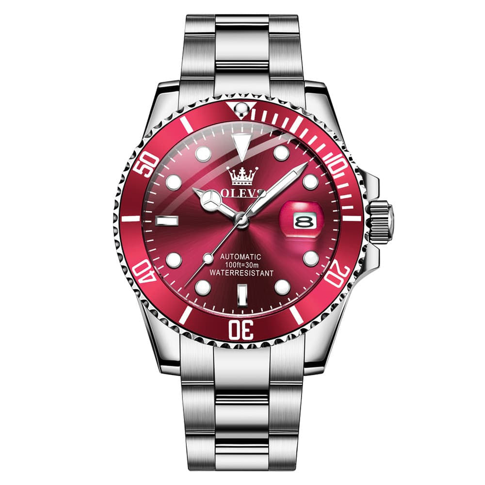 OLEVS 6650 Stainless Steel Mechanical Dive Watch for Men - Silver Red Watch | Olevs Watch Store