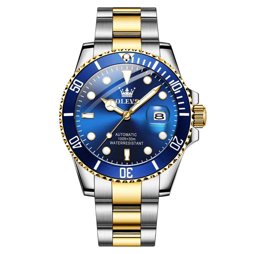 OLEVS 6650 Stainless Steel Mechanical Dive Watch for Men - Two-Tone Blue Watch | Olevs Watch Store