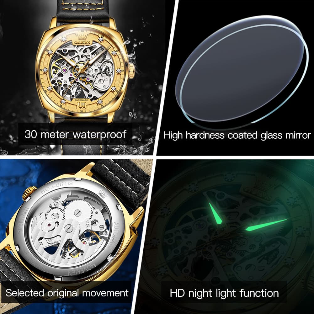 OLEVS 6651 Tonneau Skeleton Mechanical Watch for Men - Silver White Watch | Olevs Watch Store