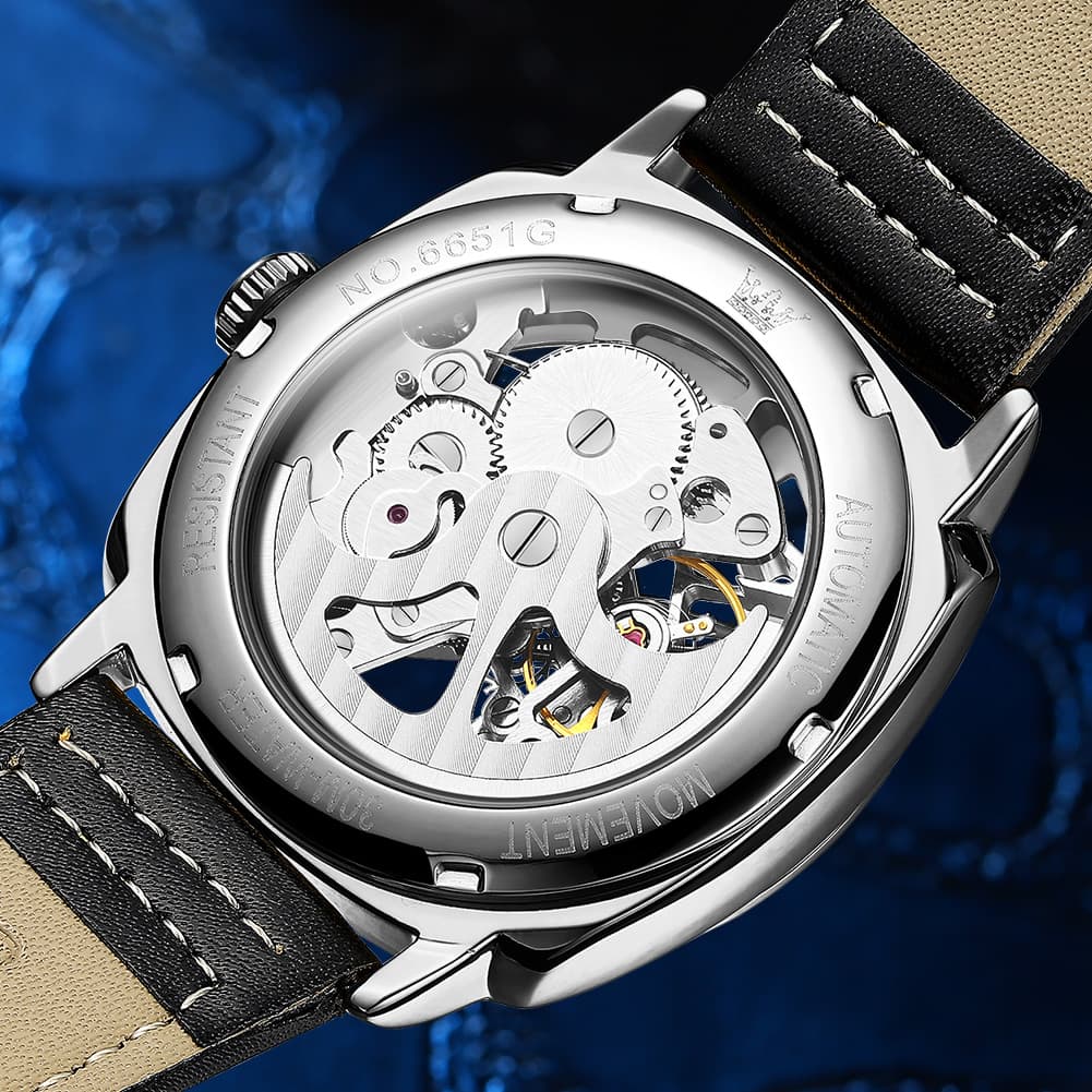 OLEVS 6651 Tonneau Skeleton Mechanical Watch for Men - Silver White Watch | Olevs Watch Store