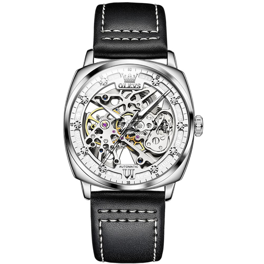 OLEVS 6651 Tonneau Skeleton Mechanical Watch for Men - Silver White Watch | Olevs Watch Store