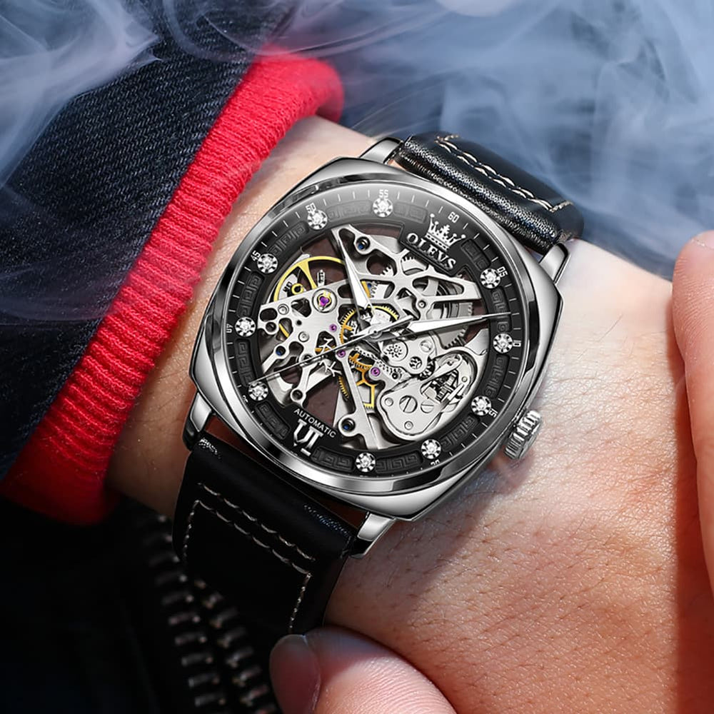 OLEVS 6651 Tonneau Skeleton Mechanical Watch for Men - Silver White Watch | Olevs Watch Store