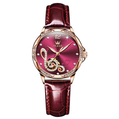 OLEVS 6656 Ceramic Mechanical Musical Note Watch for Women - Leather Burgundy Watch | Olevs Watch Store