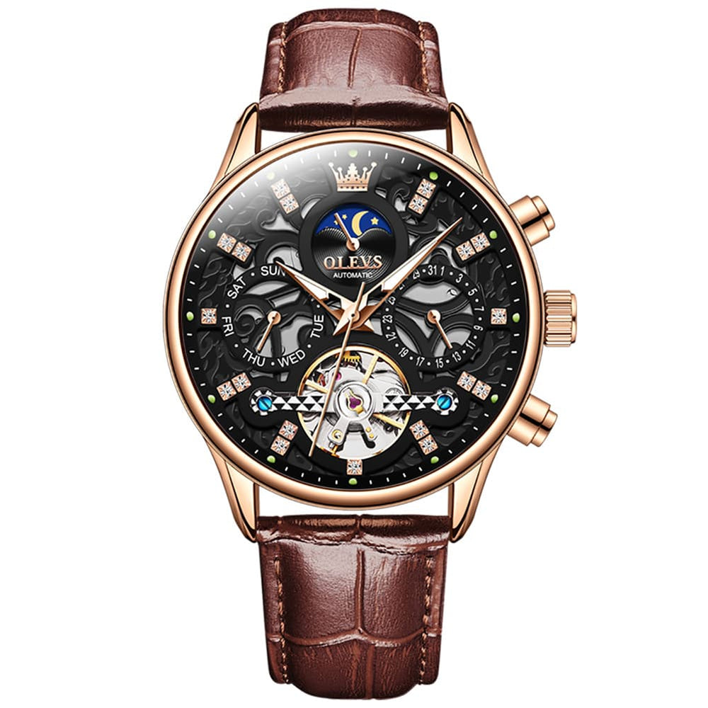 OLEVS 6658 Leather Skeleton Moon Phase Watch for Men - Rose Gold Black Watch | Olevs Watch Store
