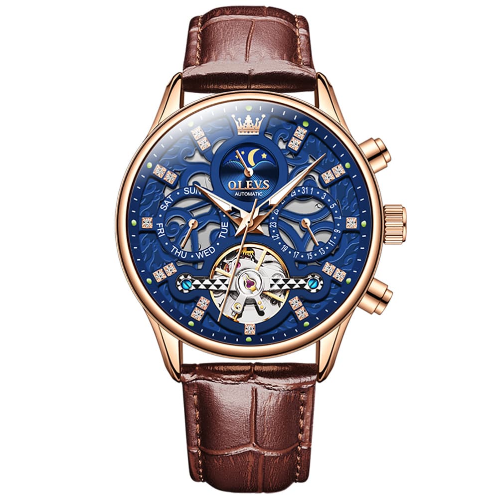 OLEVS 6658 Leather Skeleton Moon Phase Watch for Men - Rose Gold Blue Watch | Olevs Watch Store