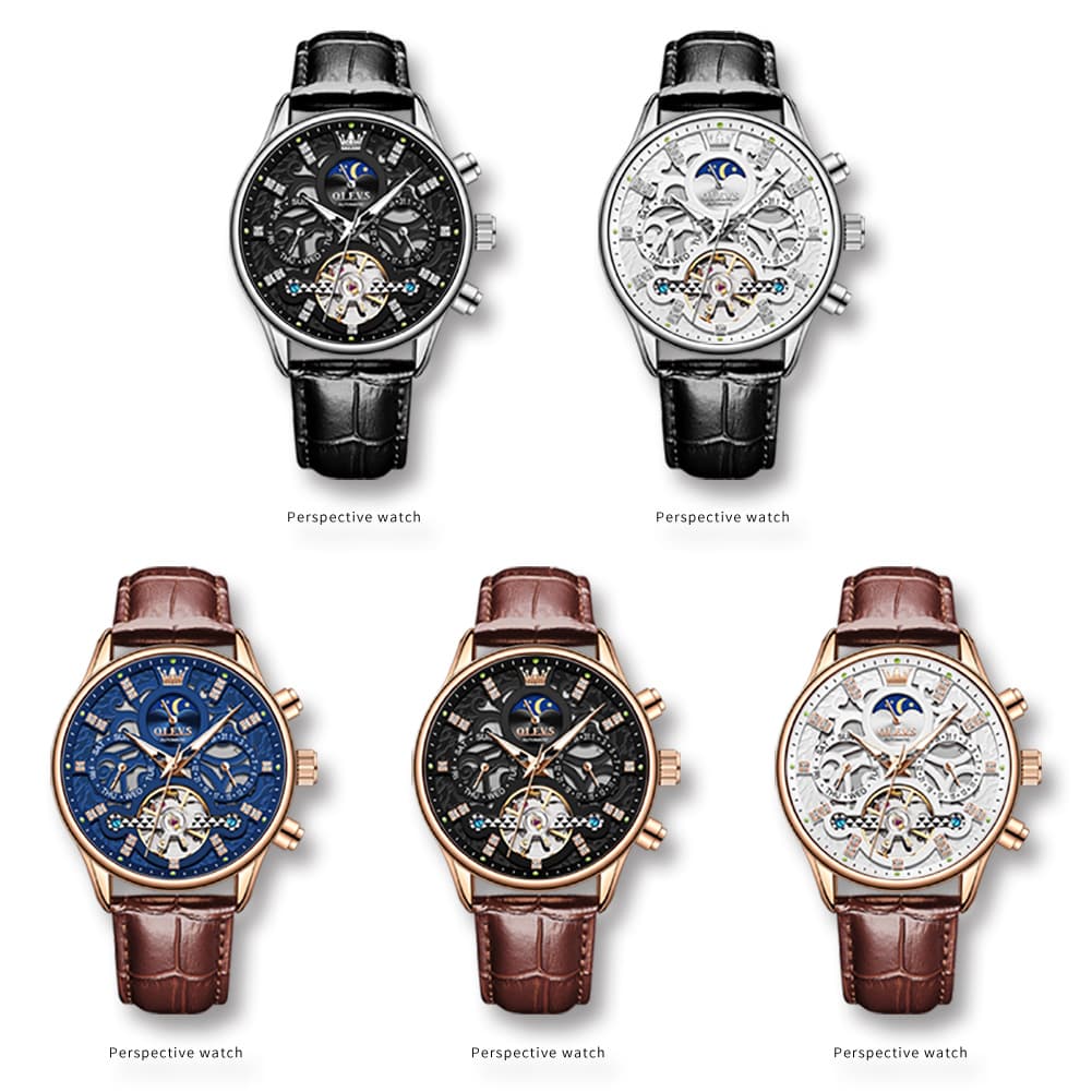 OLEVS 6658 Leather Skeleton Moon Phase Watch for Men - Rose Gold White Watch | Olevs Watch Store