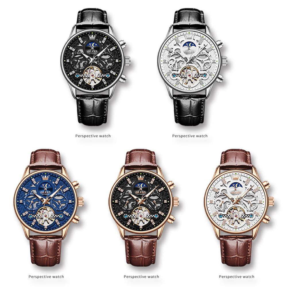 OLEVS 6658 Leather Skeleton Moon Phase Watch for Men - Rose Gold White Watch | Olevs Watch Store