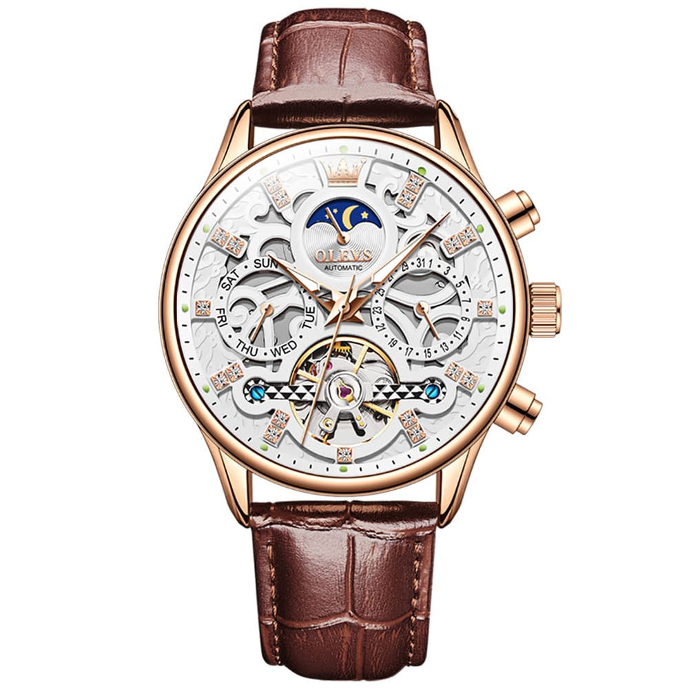 OLEVS 6658 Leather Skeleton Moon Phase Watch for Men - Rose Gold White Watch | Olevs Watch Store
