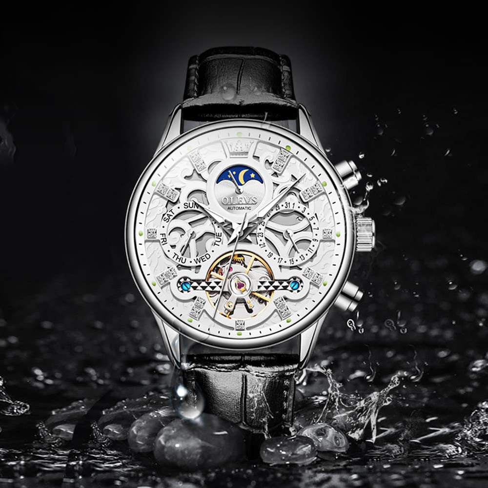 OLEVS 6658 Leather Skeleton Moon Phase Watch for Men - Rose Gold White Watch | Olevs Watch Store