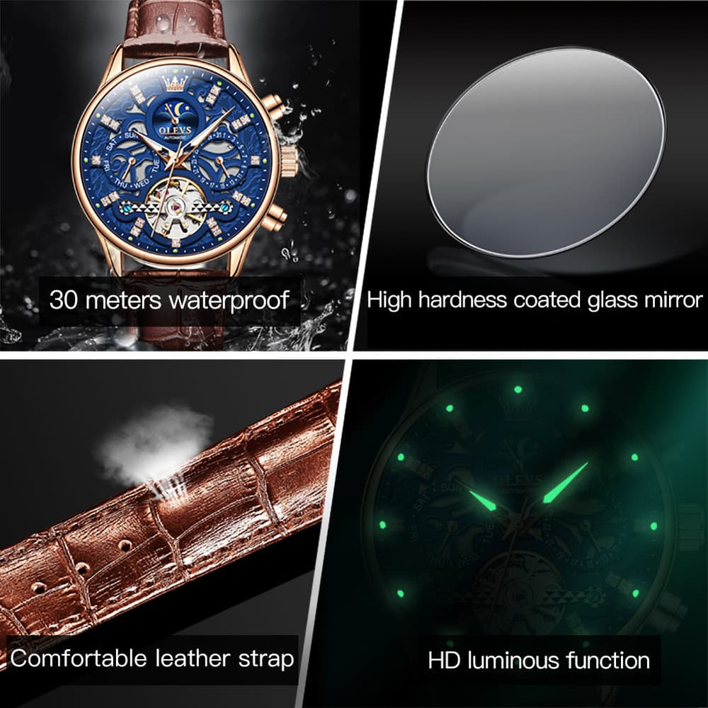 OLEVS 6658 Leather Skeleton Moon Phase Watch for Men - Rose Gold White Watch | Olevs Watch Store