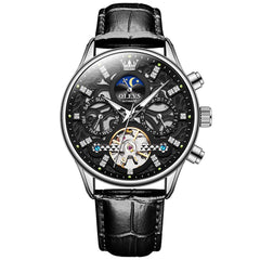 OLEVS 6658 Leather Skeleton Moon Phase Watch for Men - Silver Black Watch | Olevs Watch Store