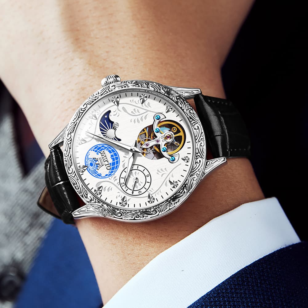 OLEVS 6660 Leather Globe Skeleton Mechanical Watch for Men - Silver Black Watch | Olevs Watch Store