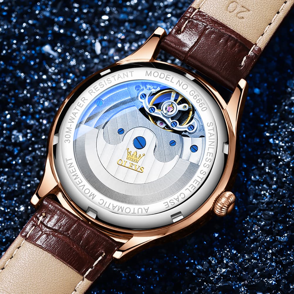 OLEVS 6660 Leather Globe Skeleton Mechanical Watch for Men - Silver Black Watch | Olevs Watch Store