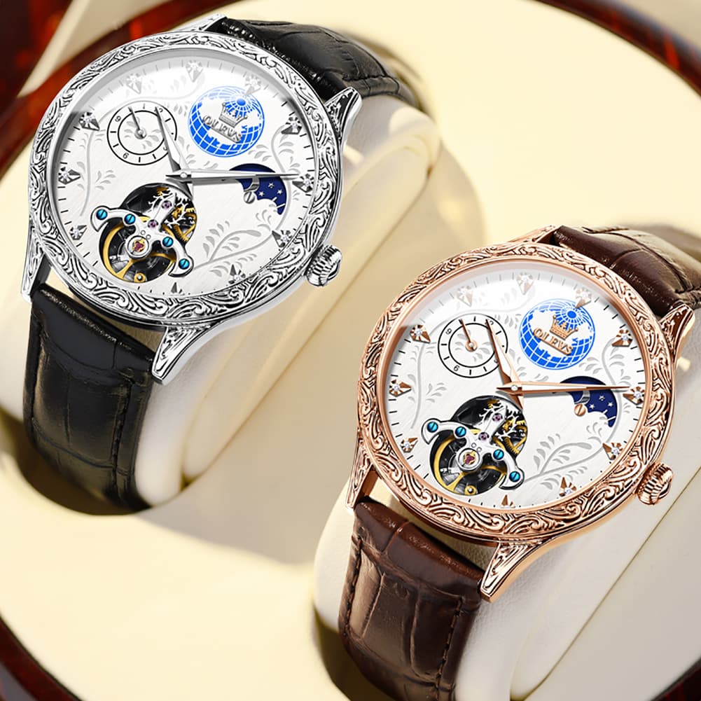 OLEVS 6660 Leather Globe Skeleton Mechanical Watch for Men - Silver Black Watch | Olevs Watch Store