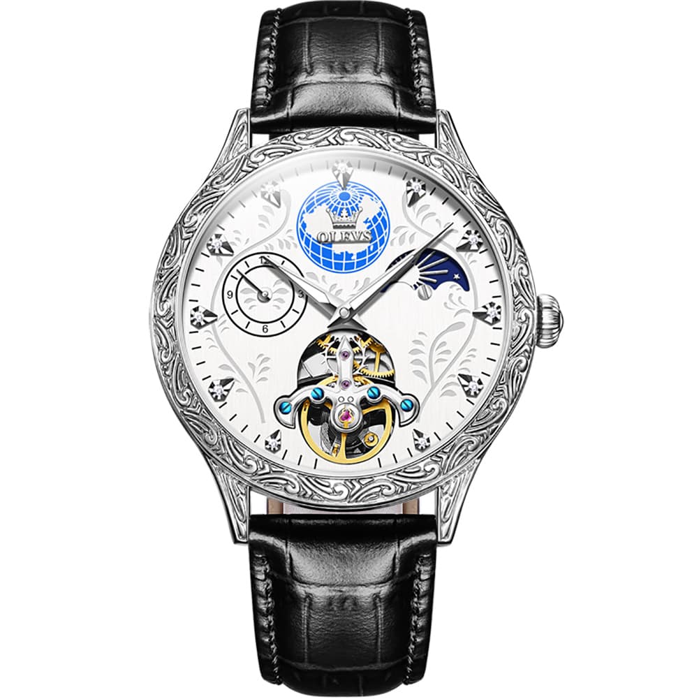 OLEVS 6660 Leather Globe Skeleton Mechanical Watch for Men - Silver Black Watch | Olevs Watch Store