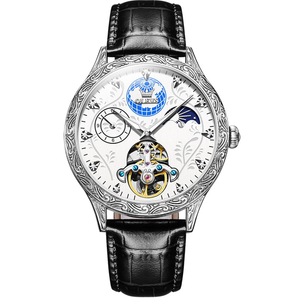 OLEVS 6660 Leather Globe Skeleton Mechanical Watch for Men - Silver Black Watch | Olevs Watch Store