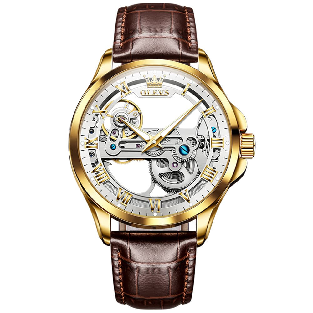 OLEVS 6661 Leather Skeleton Mechanical Watch for Men - Gold White Watch | Olevs Watch Store