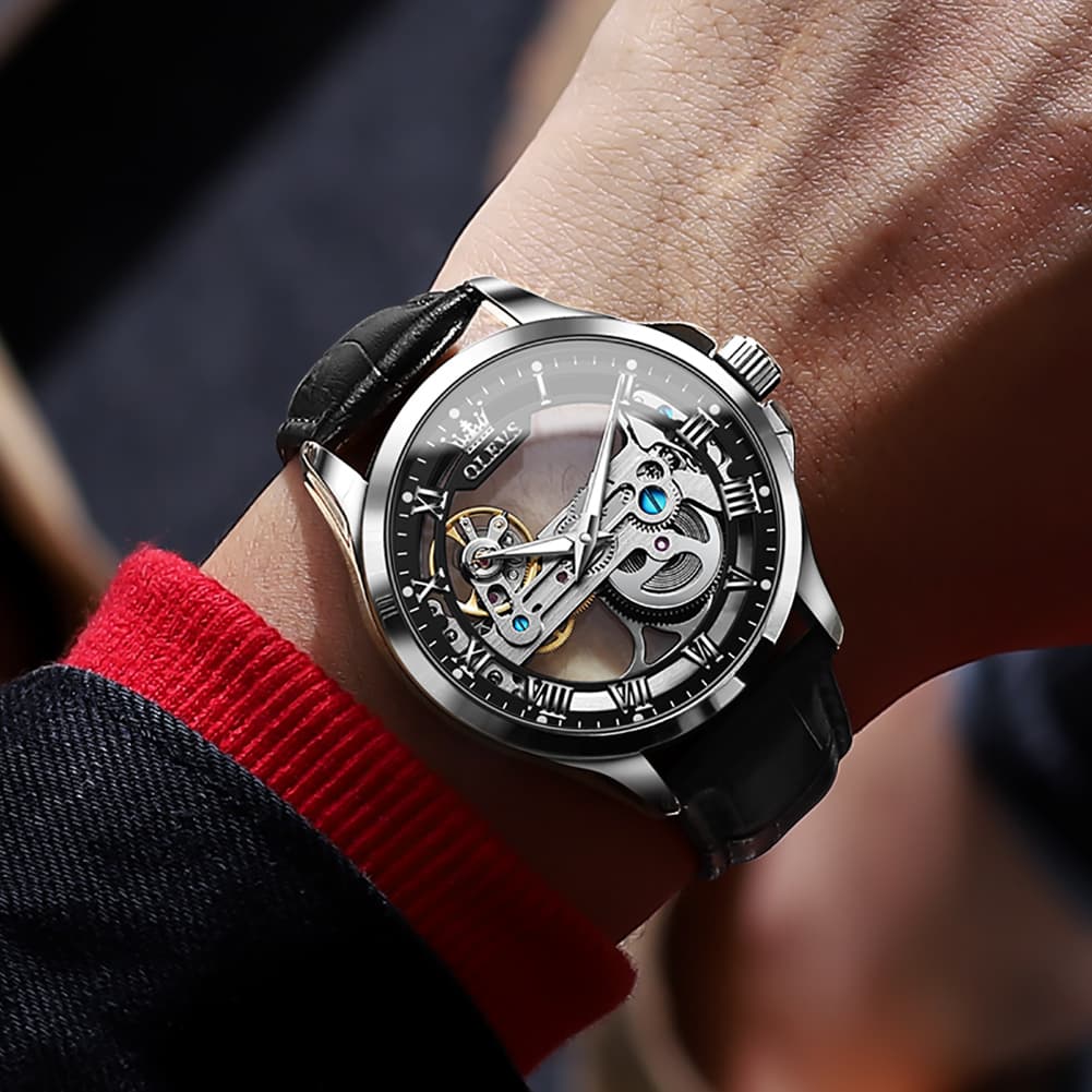 OLEVS 6661 Leather Skeleton Mechanical Watch for Men - Gold White Watch | Olevs Watch Store