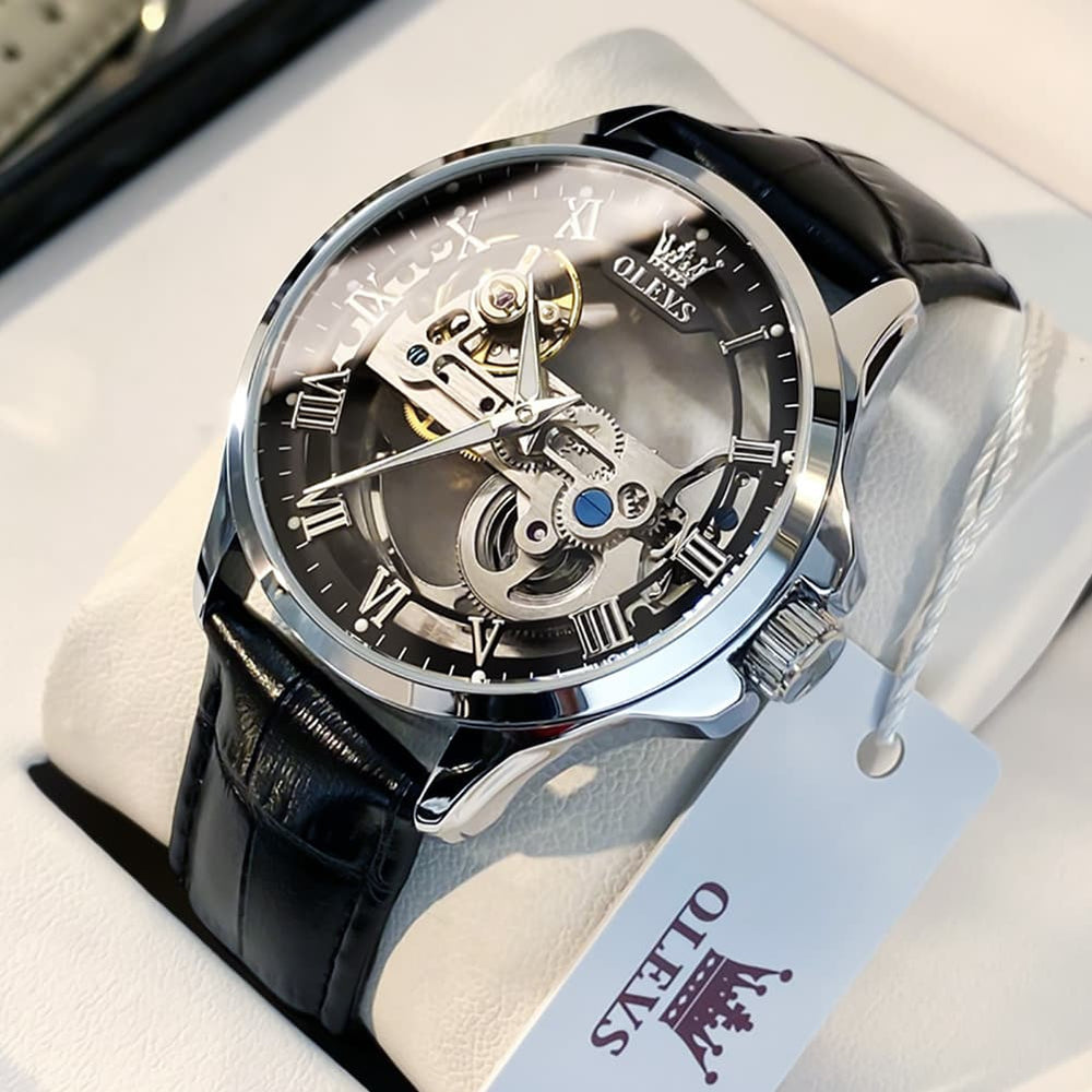 OLEVS 6661 Leather Skeleton Mechanical Watch for Men - Gold White Watch | Olevs Watch Store